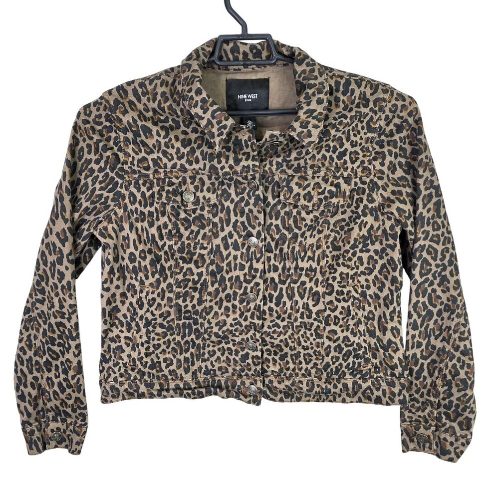 Womens Nine West Jeans Leopard Print Denim Jacket Button Up Cotton Stretch XL